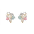 Macaron Faux Pearl Bow Stud Earrings With Silver Pins, Sweet Light Luxury Exotic Style Jewelry view 5
