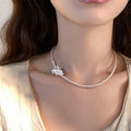 French Vintage Zircon Floral Faux Pearl Necklace Elegant Old Money Collarbone Choker view 1