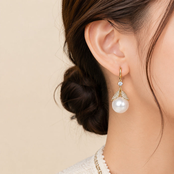 Elegant French Luxury Leaf Zircon Rhinestone Pearl Drop Hoop Dangle Women's Wedding Party Earrings