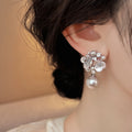 French Floral Zircon Faux Pearl Stud Earrings For Women, Exotic Light Luxury Flower Design view 3