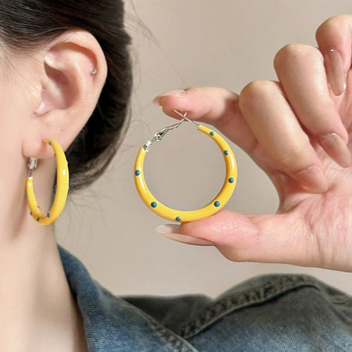 Iron Hoop Earrings With Silver Needle, Enamel Polka Dot Round Pendant, Exotic Geometric Style