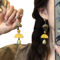 Ethnic Vintage Wood Maple Leaf Pinecone Drop Earrings With Silver Pins And Geometric Round Accents view 5