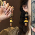 Ethnic Vintage Wood Maple Leaf Pinecone Drop Earrings With Silver Pins And Geometric Round Accents view 4