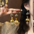 Ethnic Vintage Wood Maple Leaf Pinecone Drop Earrings With Silver Pins And Geometric Round Accents view 3