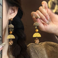 Ethnic Vintage Wood Maple Leaf Pinecone Drop Earrings With Silver Pins And Geometric Round Accents view 1