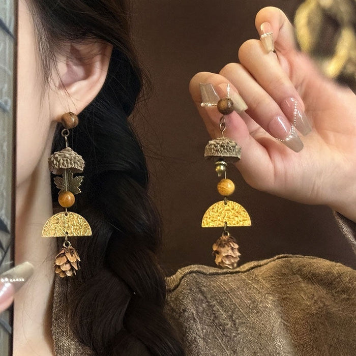 Ethnic Vintage Wood Maple Leaf Pinecone Drop Earrings With Silver Pins And Geometric Round Accents