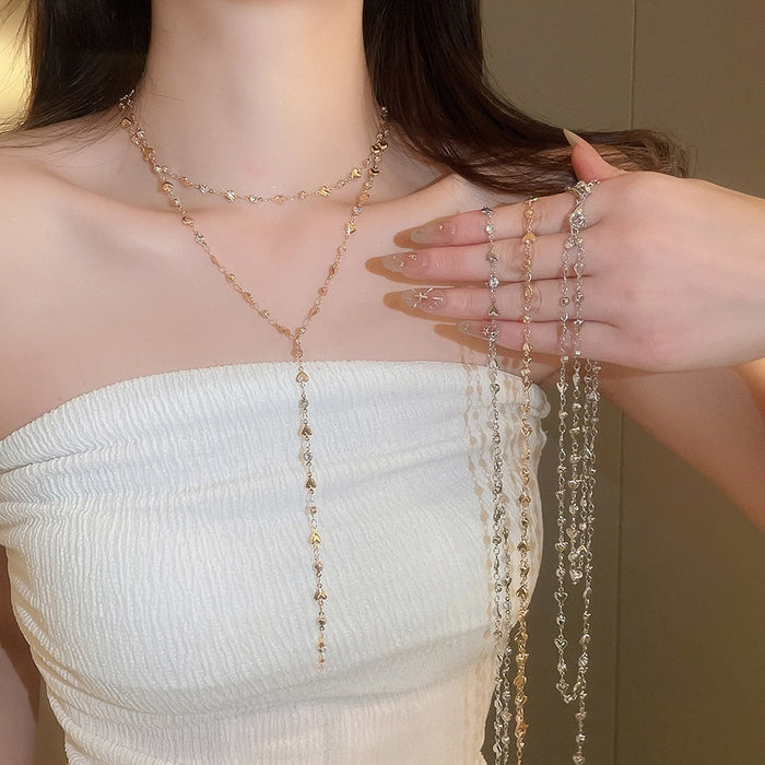 Light Luxury Copper Heart Rhinestone Y Lariat Tassel Sweater Necklace for Women