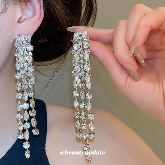 Copper Rhinestone Geometric Long Tassel Drop Earrings With Silver Pins For Bridal Luxe Style