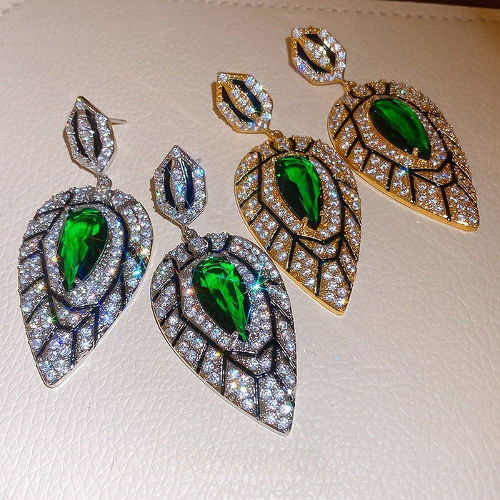 Vintage Copper Teardrop Stud Earrings With Zircon Leaf Design, Palace Style Light Luxury