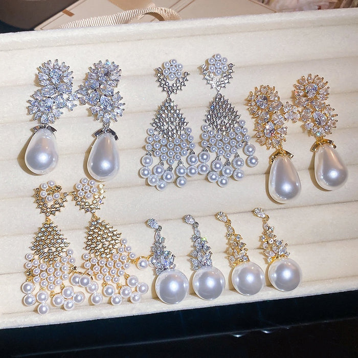 Light Luxury Sparkling Zircon Heart Faux Pearl Drop Earrings For Elegant Women