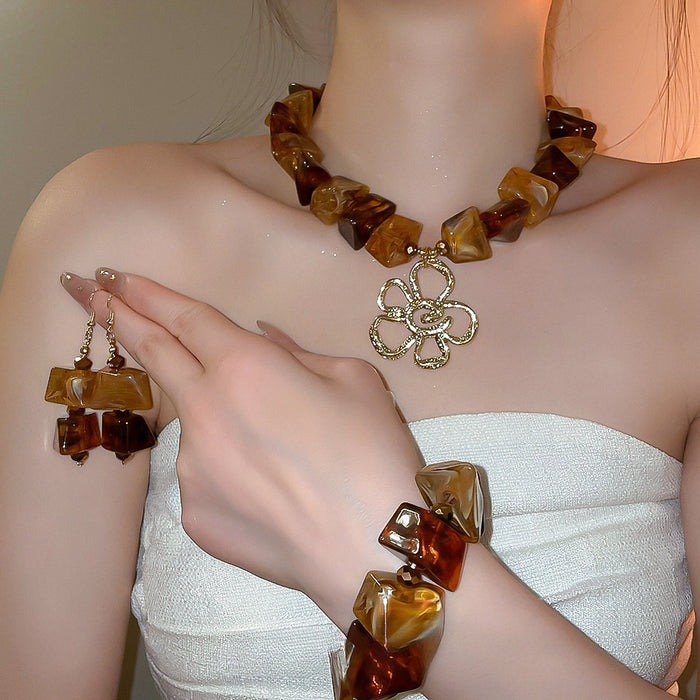 Vintage Maillard Style Acrylic Square Bracelet Necklace Stud Earring Jewelry Set