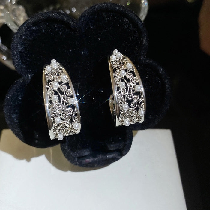 Light Luxury Copper Zircon Pearl C Shape Floral Stud Drop Earrings French Vintage Style