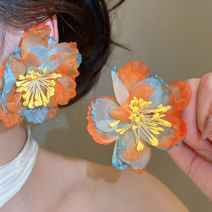 Chiffon Flower Drop Earrings With Silver Pin, Fresh Sweet Vacation Style Floral Pendant Jewelry