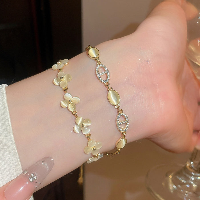 Micro Pave Zircon Oval Cats Eye Stone Floral Bangle For Elegant Office Lady Style