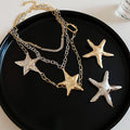 Statement Multi Layer Alloy Starfish Pendant Necklace And Brooch Jewelry Set For Women view 2