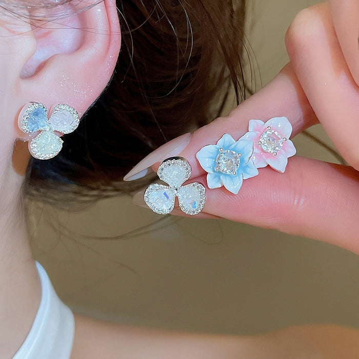 Light Luxury Floral Crystal Zircon Stud Earrings With Silver Posts For Fresh Summer OL Style