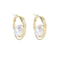 Elegant Gold Alloy Double Hoop Faux Pearl Drop Earrings For Women Summer Statement Fashion Earrings view 5