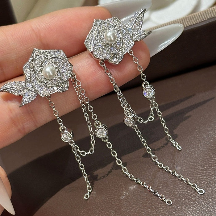 18K Gold Plated Copper Zircon Flower Tassel Pearl Drop Earrings With Silver Pins