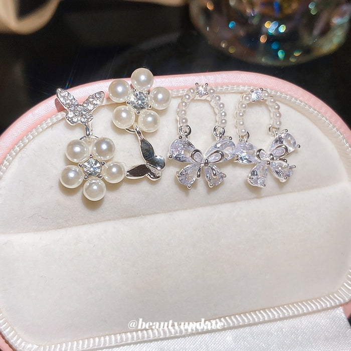 Silver Needle Rhinestone Butterfly Flower Pendant Drop Earrings For Women Light Luxury Jewelry