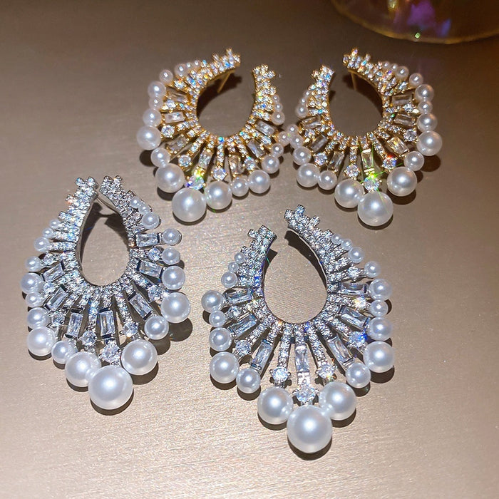 French Vintage Faux Pearl Zircon Round Stud Earrings With Silver Pins For Evening Wear