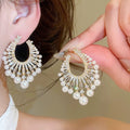 French Vintage Faux Pearl Zircon Round Stud Earrings With Silver Pins For Evening Wear view 4