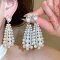 French Vintage Faux Pearl Teardrop Drop Earrings With Silver Pin Round Pendant Elegant Jewelry view 1