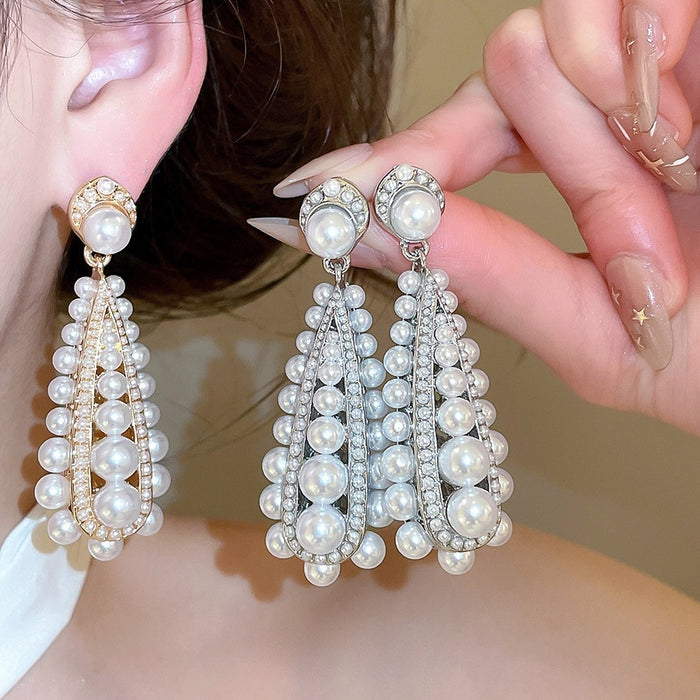 French Vintage Faux Pearl Teardrop Drop Earrings With Silver Pin Round Pendant Elegant Jewelry