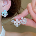 Sweet Floral Faux Pearl Zircon Stud Earrings With Silver Pins And Enamel Flower Design view 1