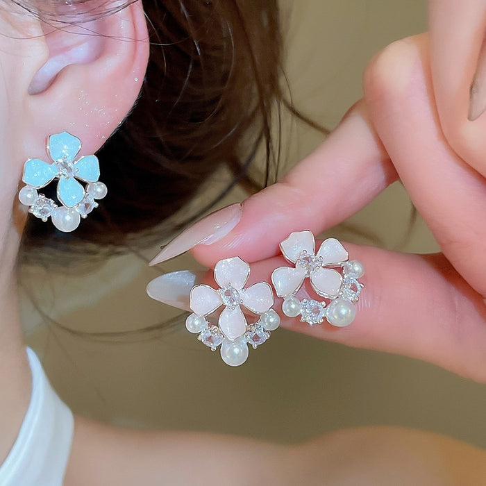Sweet Floral Faux Pearl Zircon Stud Earrings With Silver Pins And Enamel Flower Design