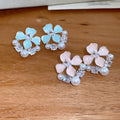 Sweet Floral Faux Pearl Zircon Stud Earrings With Silver Pins And Enamel Flower Design view 4