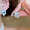 Sweet Floral Faux Pearl Zircon Stud Earrings With Silver Pins And Enamel Flower Design view 3