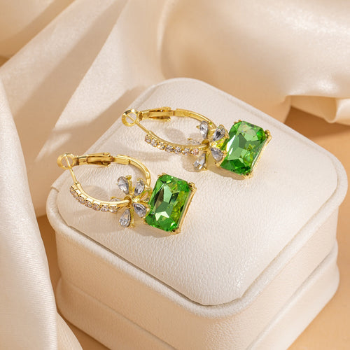 Luxury Green Crystal Rhinestone Flower Drop Earrings With Silver Needle And Rectangle Gem Pendant Earrings