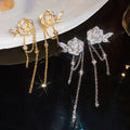 18K Gold Plated Silver Post Zircon Flower Faux Pearl Tassel Drop Earrings Vintage Palace Style view 2