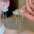 18K Gold Plated Silver Post Zircon Flower Faux Pearl Tassel Drop Earrings Vintage Palace Style view 1