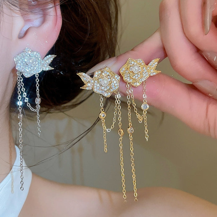 18K Gold Plated Silver Post Zircon Flower Faux Pearl Tassel Drop Earrings Vintage Palace Style
