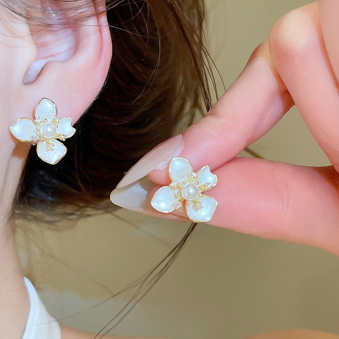 Light Luxury Cat Eye Stone Bow Pearl Flower Stud Earrings Camellia Sweet Elegant Jewelry