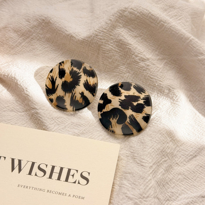 Elegant Acrylic Round Leopard Print Stud Earrings For Women Fashion Lightweight Silver Needle Earrings