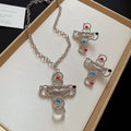 European Vintage Alloy Pearl Lips Cross Pendant Drop Earrings And Collarbone Necklace view 3