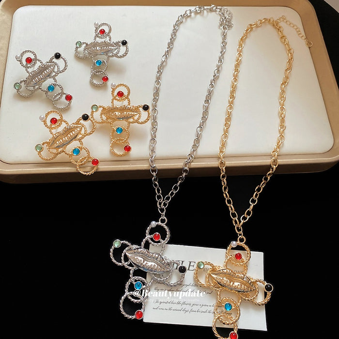 European Vintage Alloy Pearl Lips Cross Pendant Drop Earrings And Collarbone Necklace