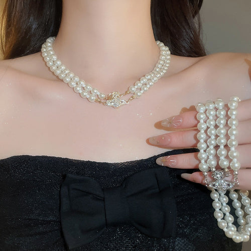 2026 Old Money Double Layer Faux Pearl Beaded Saturn Rhinestone Magnetic Choker Necklace