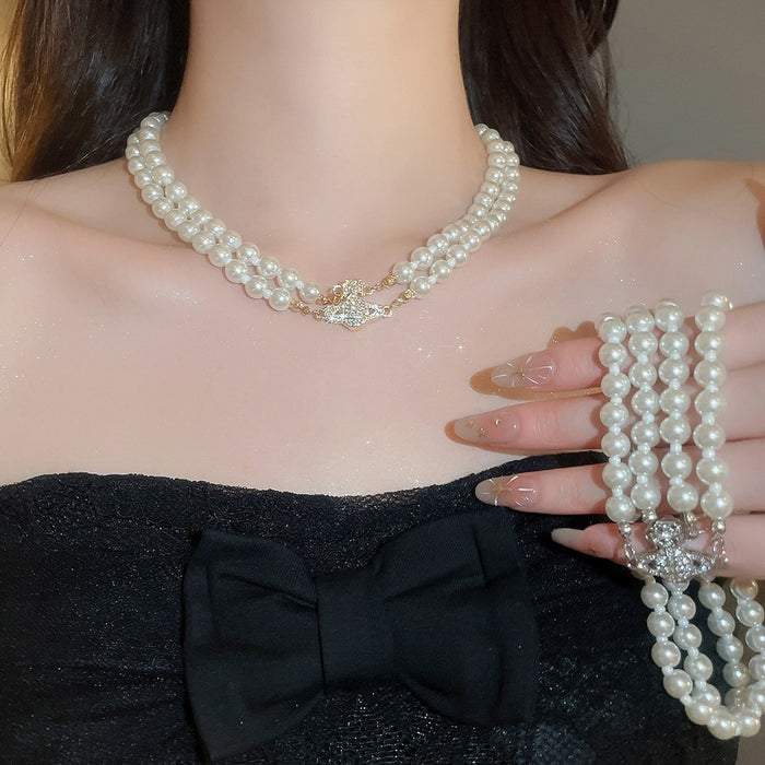 2026 Old Money Double Layer Faux Pearl Beaded Saturn Rhinestone Magnetic Choker Necklace
