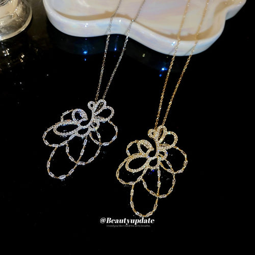 18K Gold Plated Copper Zircon Flower Hollow Pendant Necklace Light Luxury Clavicle Choker