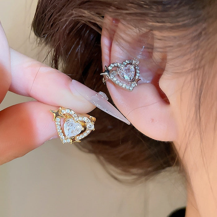 Light Luxury Copper Heart Star Zircon Clip-on Earrings Vintage Cartilage Ear Cuffs