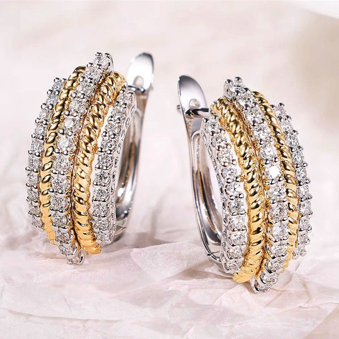 Elegant Zircon Hoop Earrings With Premium Two Tone Line Design, Classic Daily Vacation Jewelry