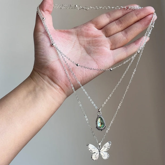 Vintage Resin Waterdrop Butterfly Pendant Stainless Steel Sweet Cool Sweater Necklace