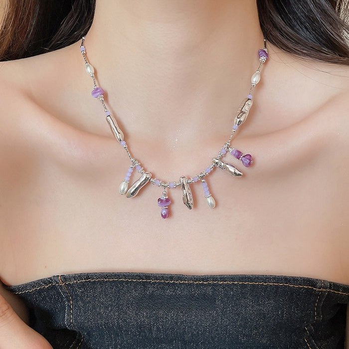 Purple Faux Crystal Beaded Pearl Necklace, Old Money Geometric Round Summer Collarbone Chain