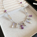 Purple Faux Crystal Beaded Pearl Necklace, Old Money Geometric Round Summer Collarbone Chain view 4