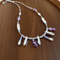 Purple Faux Crystal Beaded Pearl Necklace, Old Money Geometric Round Summer Collarbone Chain view 2