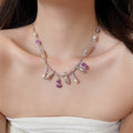 Purple Faux Crystal Beaded Pearl Necklace, Old Money Geometric Round Summer Collarbone Chain view 3