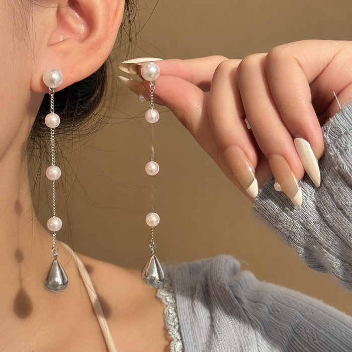 Elegant Luxury Pearl Beaded Waterdrop Alloy Chain Tassel Long Drop Dangle Statement Earrings